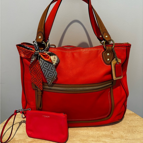 Coach Handbags - Coach 22430 Poppy Vermillion Tote Sun Orange Leather Tan Trim, T Willy, Wristlet